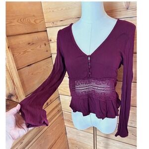 Vintage Boho Long Sleeve Blouse Small Burgundy Crochet Lace Boho Dark Romantic